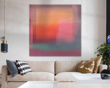 Lichtgevende kleurvlakken. Moderne abstracte kunst in neonkleuren. Geel, oranje, groen en roze van Dina Dankers