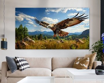 Eagle in flight over a field in the wilderness by Animaflora PicsStock