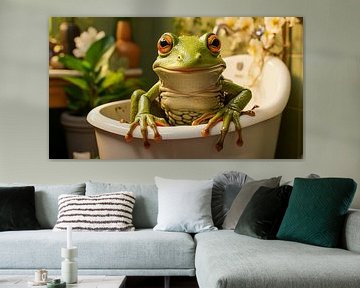 Grenouille animée aux yeux rouges dans une baignoire de la salle de bain sur Animaflora PicsStock