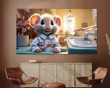 souris mignonne avec peignoir dans la salle de bain au lavabo sur Animaflora PicsStock