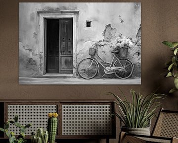 Vieux vélo vintage devant un mur de maison ,photographie en noir et blanc sur Animaflora PicsStock
