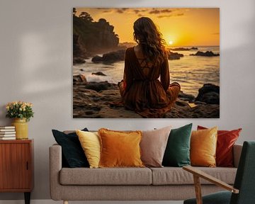 Femme assise sur la plage au coucher du soleil sur Animaflora PicsStock