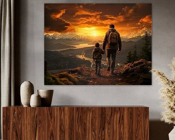 Un père et son fils se promènent dans les montagnes au coucher du soleil