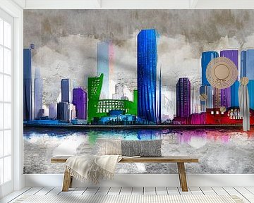 Muurschildering, skyline van Rotterdam van Arjen Roos