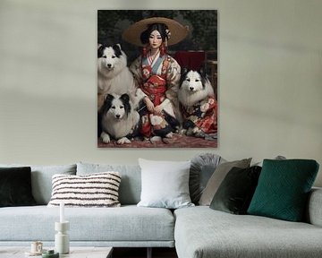 Geisha met drie wolfshonden.