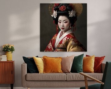 Geisha in rood en Bronskleuren.