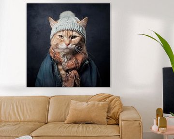 Portrait of a red tomcat with warm wool cap by Vlindertuin Art