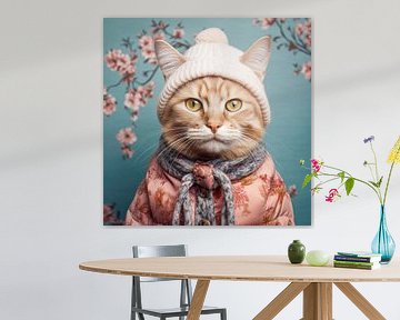 Portret van rode kat met roze wollen muts van Vlindertuin Art