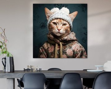 Portrait d'un chat roux avec un bonnet de laine sur Vlindertuin Art