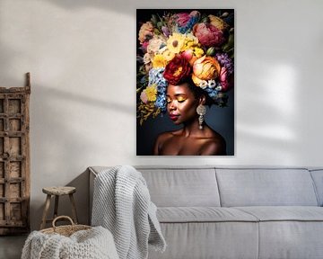 Portrait d'une femme avec une explosion de fleurs sur Marjolein van Middelkoop