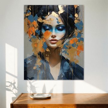 Modern en abstract portret in blauw, oranje en goud van Carla Van Iersel