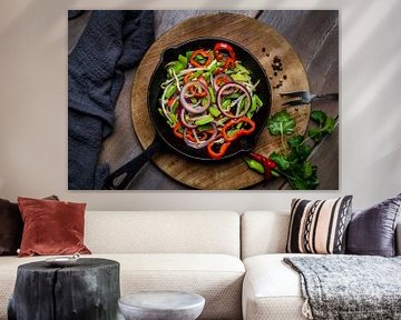 Vegetables in cast iron pan, vegetables in cast iron