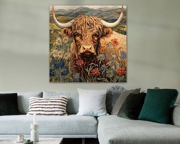 Portrait de highlander écossais avec des fleurs sur Vlindertuin Art