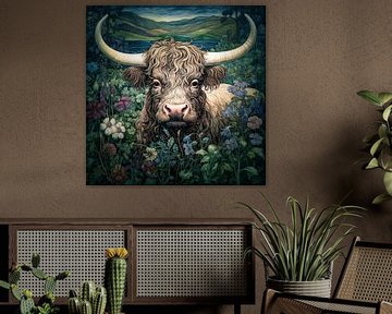 Kunstwerk Schotse hooglander in bloemen weide van Vlindertuin Art