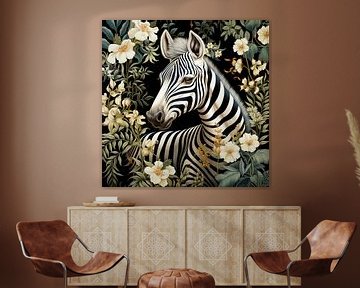 Zebra Porträt mit weißen Blumen von Vlindertuin Art