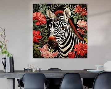 Zebra-Porträt mit roten Blumen von Vlindertuin Art