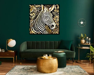 Zebra portrait with plant pattern by Vlindertuin Art