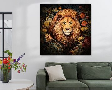 Portret van een leeuw omringd door planten van Vlindertuin Art