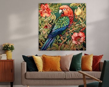 Papegaai portret met bloemen van Vlindertuin Art