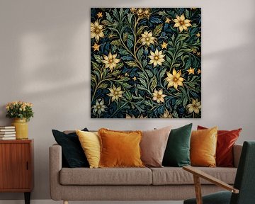 Gold floral pattern against green-blue background by Vlindertuin Art