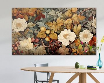 Botanical print with white flowers and autumn leaves by Vlindertuin Art