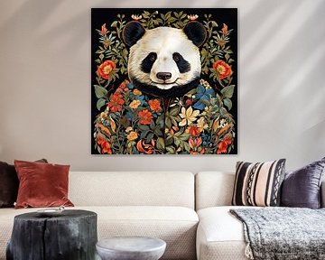 Kunstwerk Pandabeer portret met bloemen van Vlindertuin Art