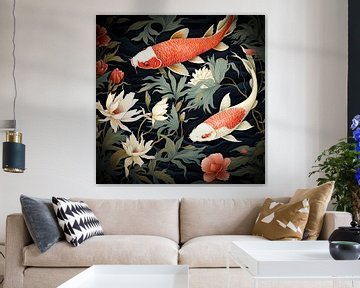 Twee koi karpers tussen de waterlelies van Vlindertuin Art