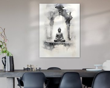 Buddha in waterverf tempel van Moody Mindscape