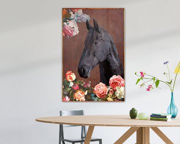 Hoofd van een paard, omringd door bloemen. van Photography art by Sacha