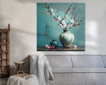 Classic vase with blossom branch still life by Vlindertuin Art