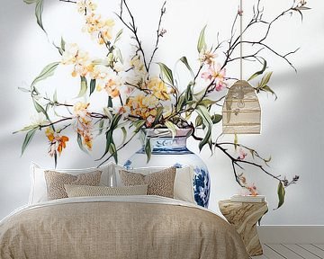 Painted antique vase with blossom branches by Vlindertuin-Art
