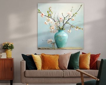 Turquoise vase with pink blossom branch by Vlindertuin Art