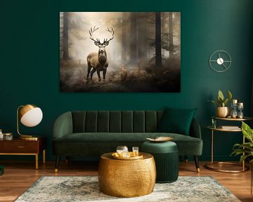 Cerf majestueux dans une forêt brumeuse : Inspiré par les paysages britanniques et les animaux baroques sur Karina Brouwer