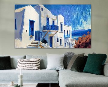 Wit huis met blauwe ramen in Griekenland van Tilo Grellmann