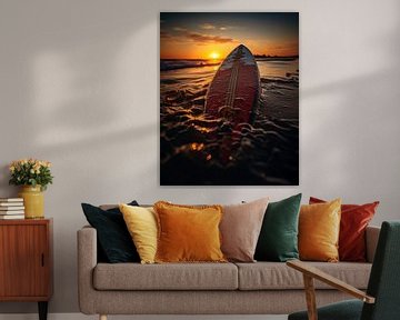 Surfplank in zee bij zonsondergang van fernlichtsicht