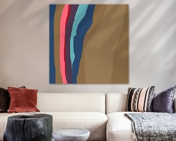 Retro 70s stijl abstracte kunst in neon roze, neon groen, blauw en goud van Dina Dankers