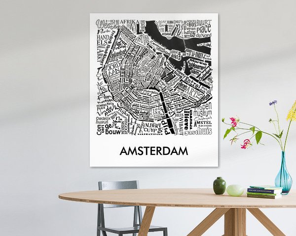 Carte d'Amsterdam en mots avec la tour A'dam