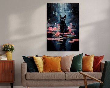 Black cat and water lilies