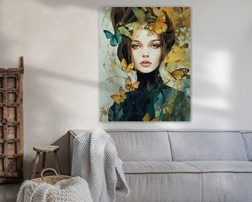 Modern en kleurrijk geïllustreerd portret met vlinders van Studio Allee