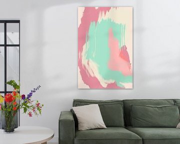 Abstract schilderij in pastelkleuren. Turquoise groen, roze, wit van Dina Dankers