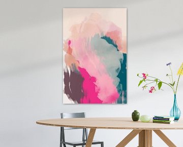 Abstract schilderij in pastelkleuren. Roze, neonroze, blauw, zalmroze, bruin. van Dina Dankers
