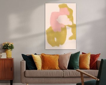 Abstrakte Malerei in Pastellfarben. Natürliches Gelb, Rosa, heller Lachs. von Dina Dankers