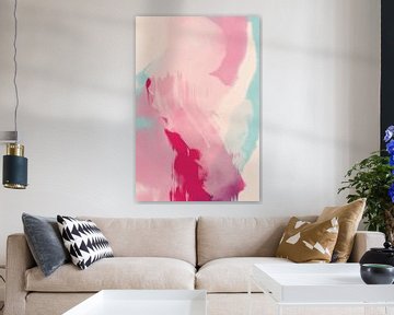 Abstract schilderij in pastelkleuren. Neonroze, roze, licht turquoise. van Dina Dankers
