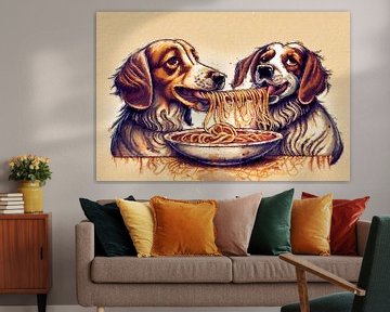 2 honden eten spaghetti (kunst)