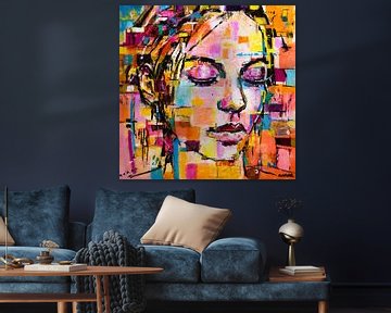 The Dream | Portret vrouw popart met oranje, roze, paarse en gele tinten van Anja Namink - Schilderijen