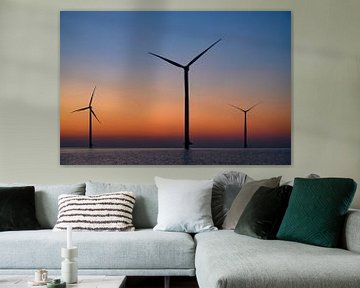 Windturbinen in einem Offshore-Windpark bei Sonnenuntergang von Sjoerd van der Wal Fotografie