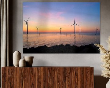 Windturbines in een offshore windpark tijdens zonsondergang van Sjoerd van der Wal Fotografie