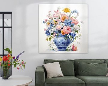 Flowers in blue stone vase by Vlindertuin Art