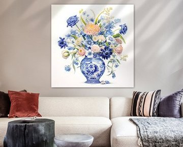 Blauw stenen vaas met bloemen boeket van Vlindertuin Art