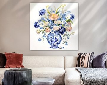 Blauw stenen vaas met bloemen boeket van Vlindertuin-Art